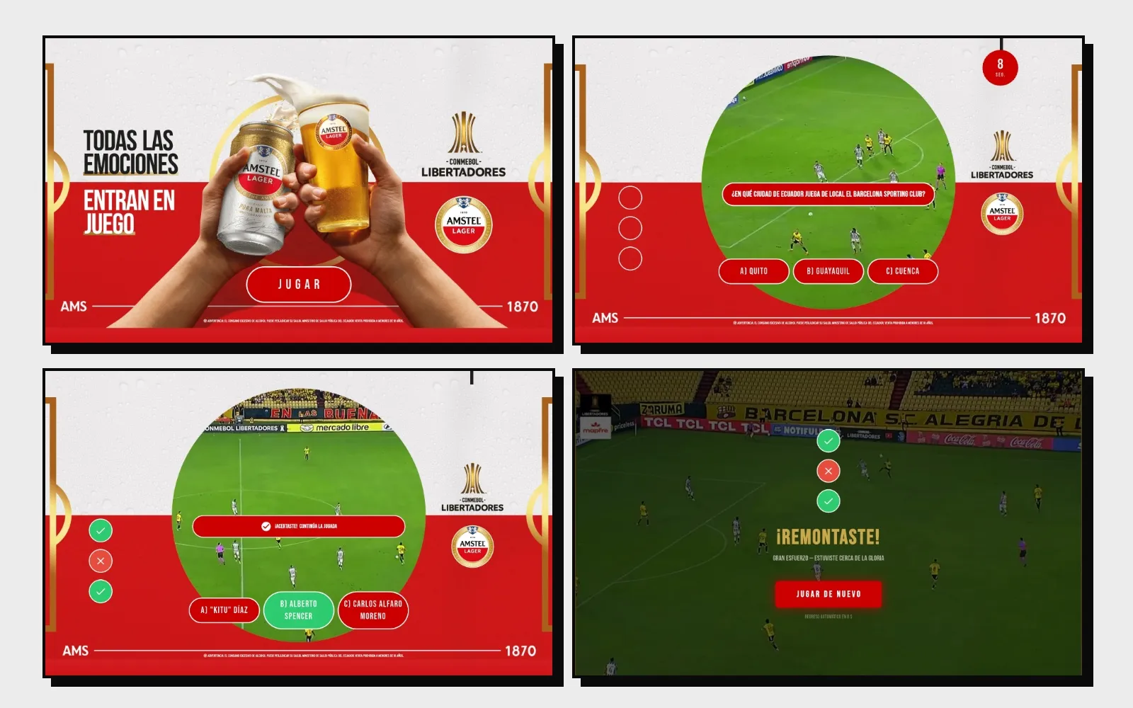 Juego de trivia de Amstel y la Libertadores en pantalla de tablet: inicio, pregunta con video de la jugada y temporizador, respuesta correcta y pantalla de resultado