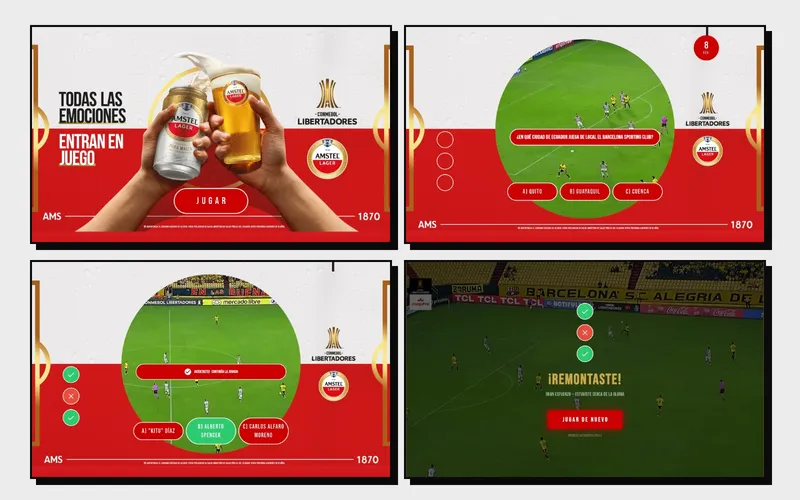 Juego de trivia de Amstel y la Libertadores en pantalla de tablet: inicio, pregunta con video de la jugada y temporizador, respuesta correcta y pantalla de resultado