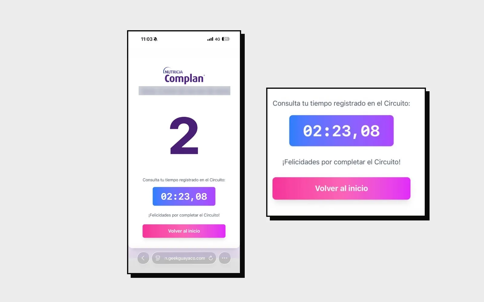 Pantalla en celular del Circuito Complan con el saludo al participante, su tiempo registrado en minutos, segundos y centésimas y el botón para volver al inicio