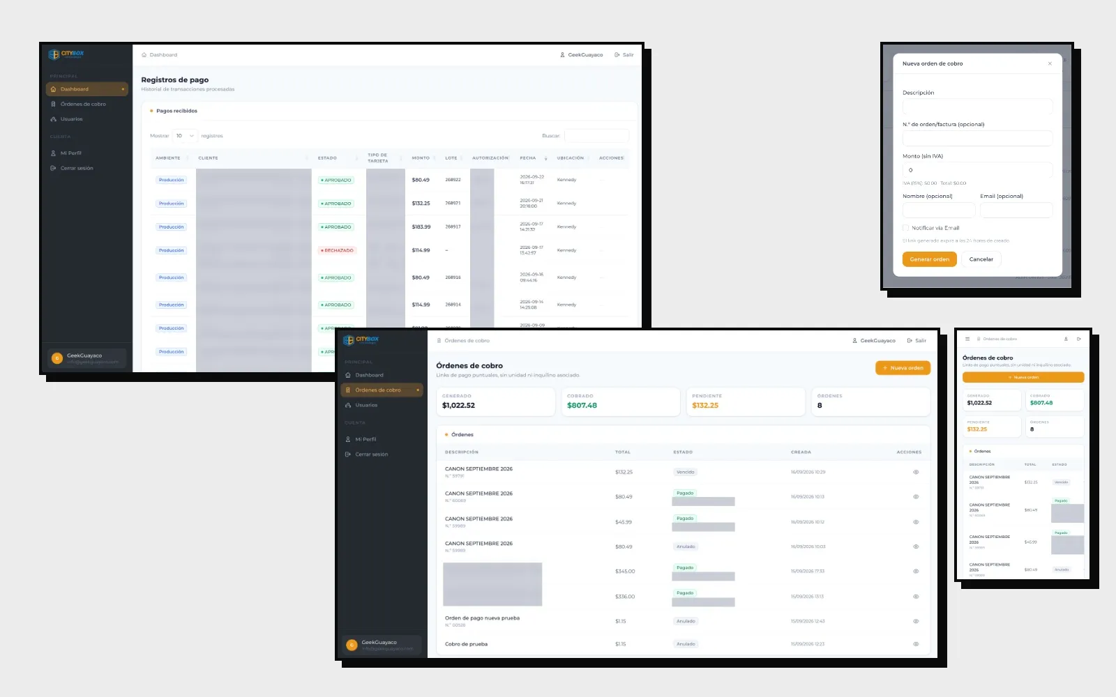 Dashboard de Citybox con registros de pago y órdenes de cobro, formulario de nueva orden y vista en celular, con los datos de clientes difuminados