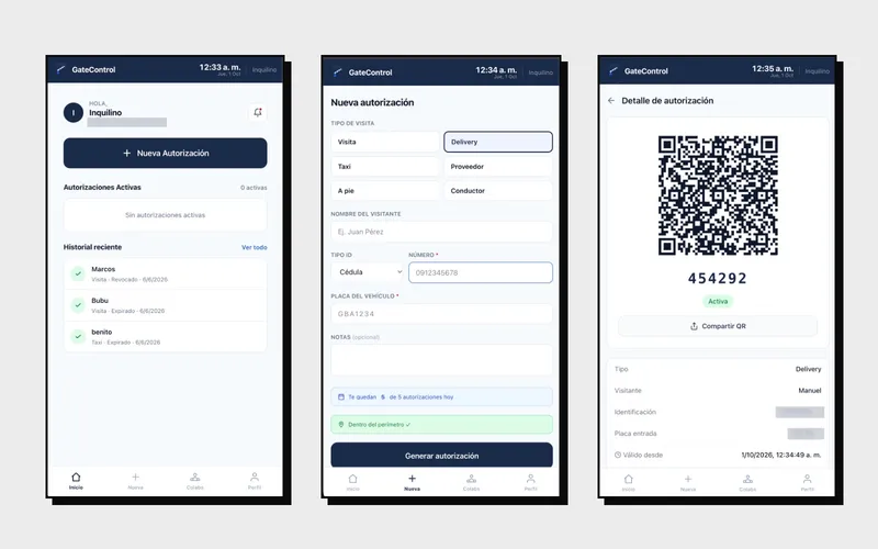 Tres pantallas de la PWA de GateControl: inicio del inquilino, nueva autorización y detalle con código QR