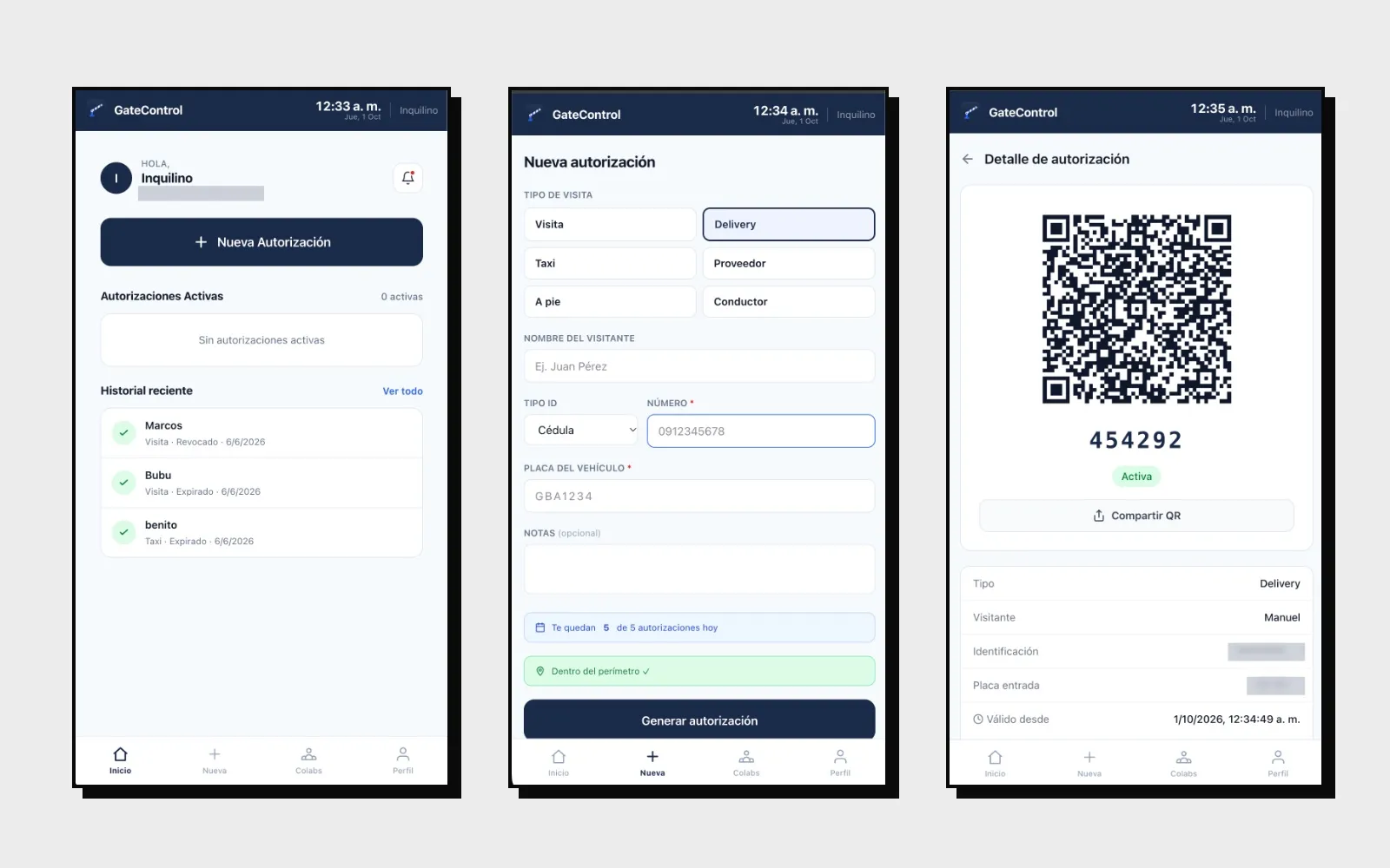 Tres pantallas de la PWA de GateControl: inicio del inquilino, nueva autorización y detalle con código QR