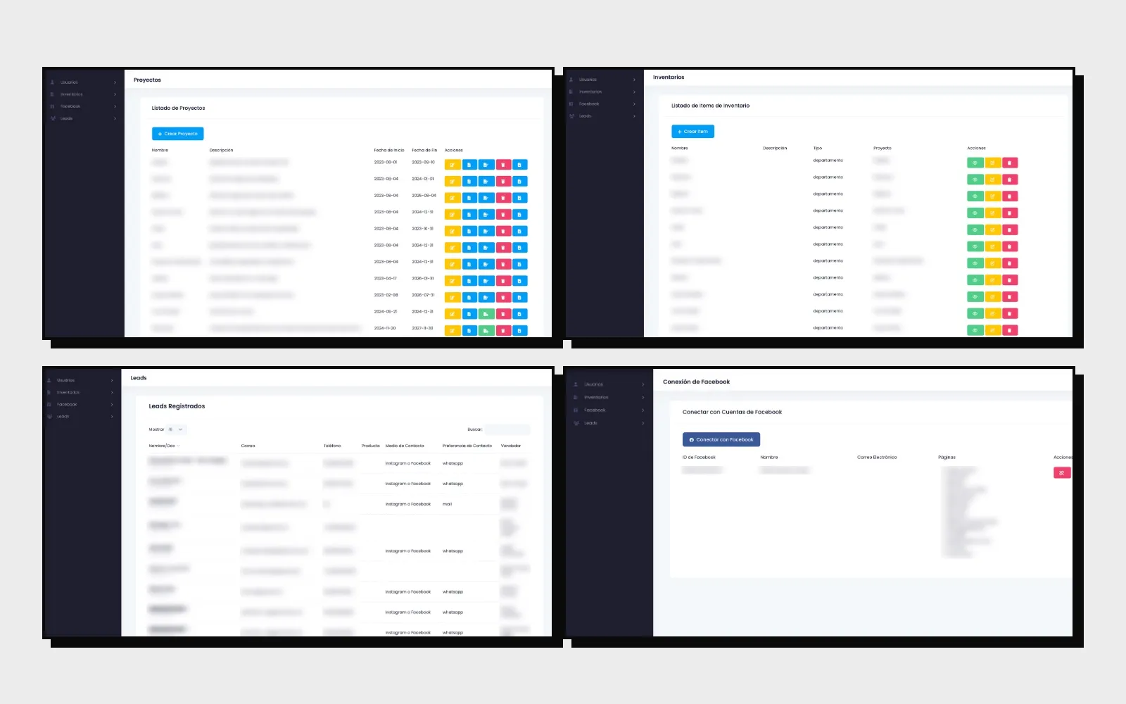 Panel de leads inmobiliarios con el listado de proyectos, el inventario, los leads registrados y la conexión con páginas de Facebook, con los datos difuminados