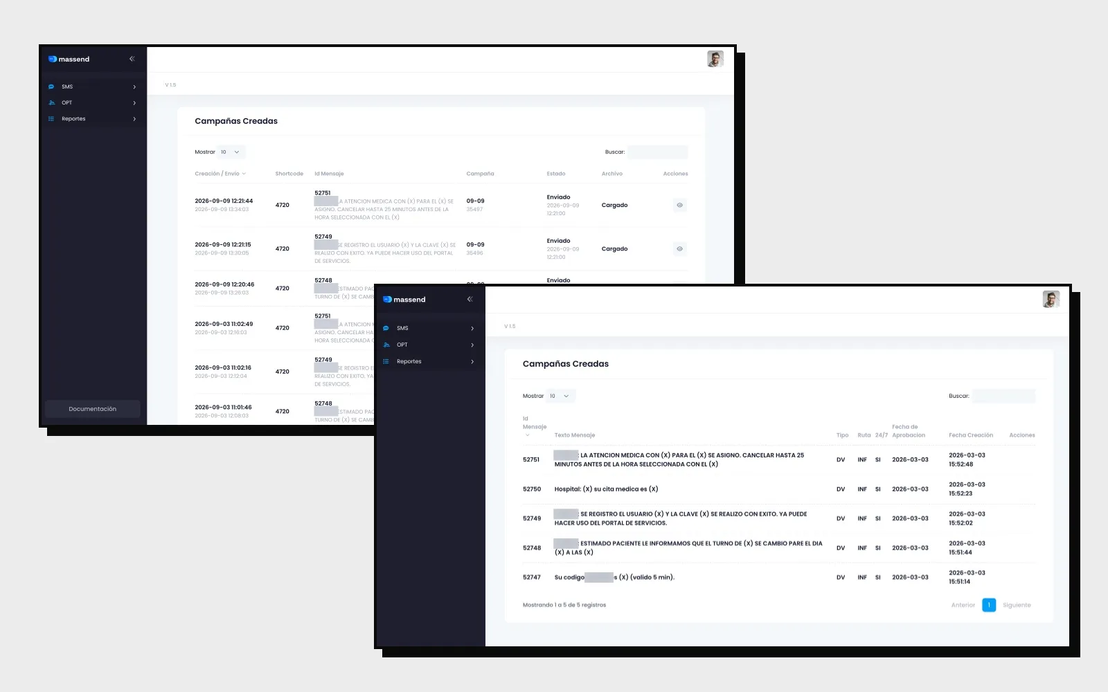 Dashboard de Massend con la lista de campañas creadas, sus mensajes, estado de envío y fechas