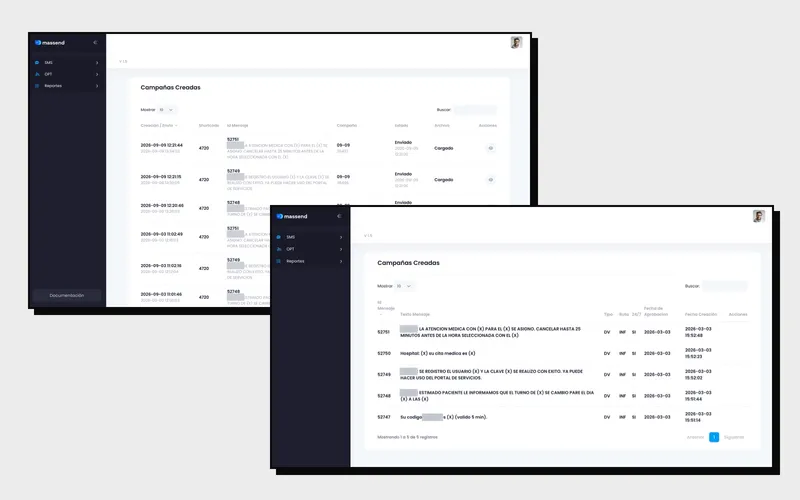 Dashboard de Massend con la lista de campañas creadas, sus mensajes, estado de envío y fechas